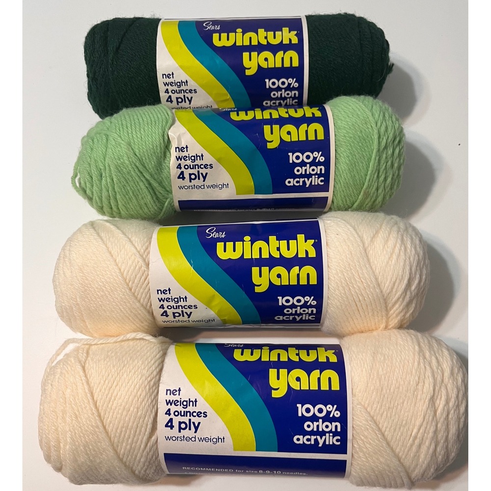 Sears Wintuk Yarn 4‎ Skeins 100% Orlon Acrylic 4 Ply Worsted Green White Vintage